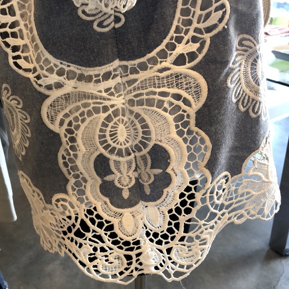 Chambray w/ Lace Eyelet Detail Off Shoulder Blouse - Picture 3 of 7